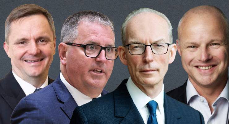 Suncorp CEO Steve Johnston, IAG CEO Nick Hawkins, QBE CEO Andrew Horton and Allianz Australia CEO Richard Feledy (Images: LinkedIn/Supplied/Private Media)